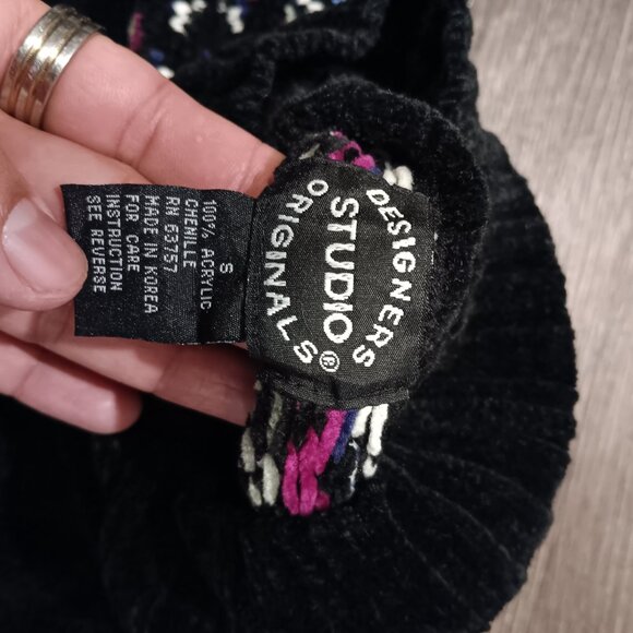 Vintage Designers Originals Studio Turtleneck Sweater Sz s Black Chenille 1990s - Picture 4 of 5